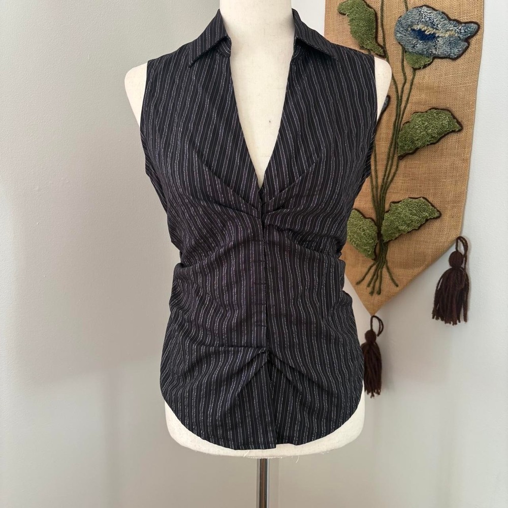 Express Design Studio Black Metallic Striped Ruched Sleeveless Top Medium